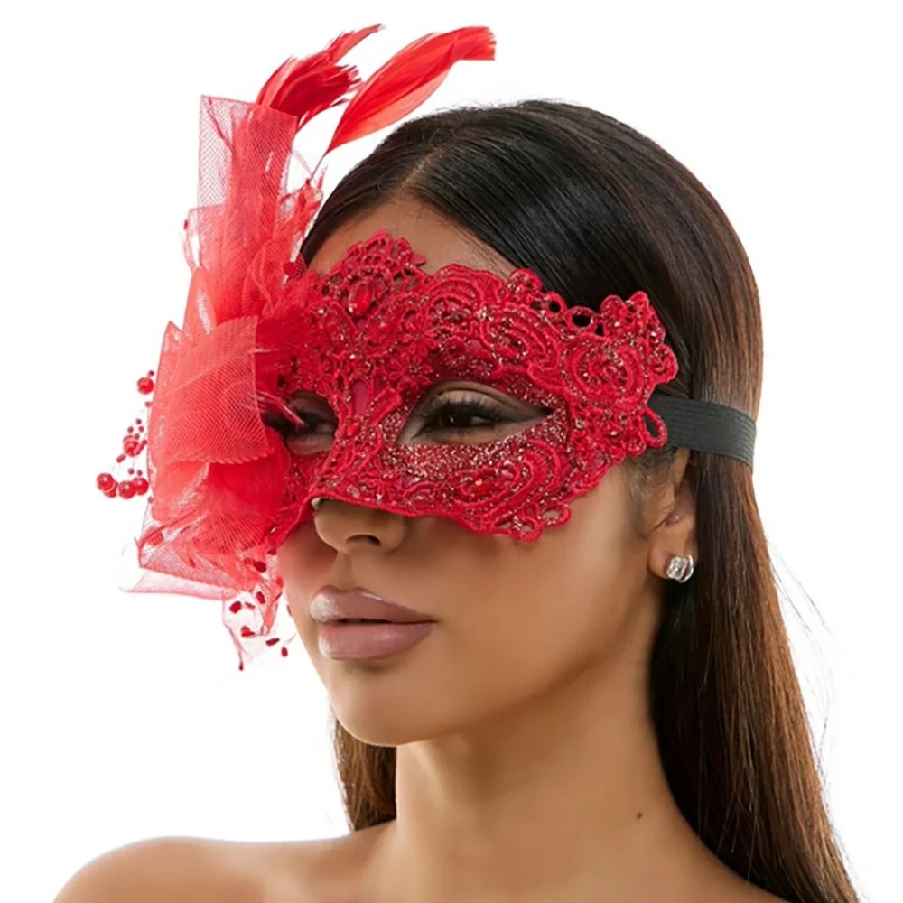Red Lace Tulle Flower Feather Half Face Mask Masquerade Headpiece EyeMask